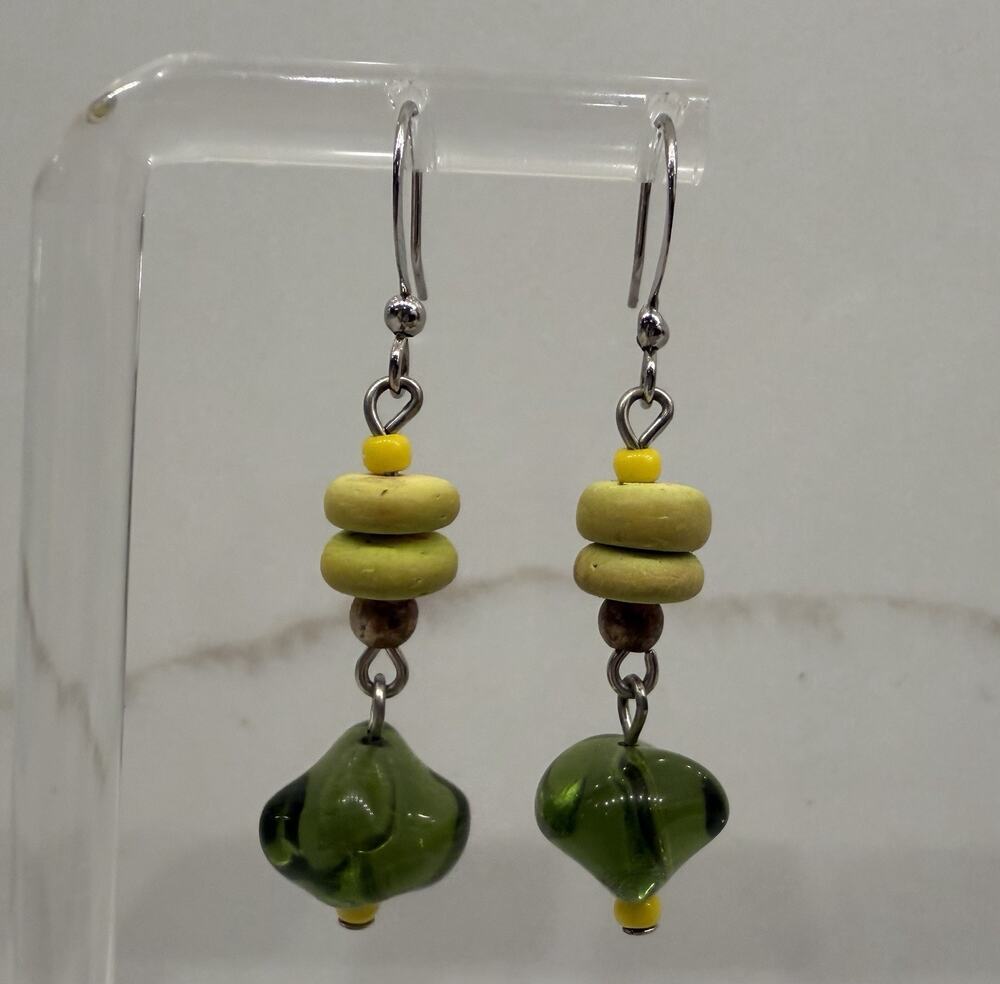 Handmade Artisan Green Glass Bead Dangle Earrings Boho Wood Drop Earrings